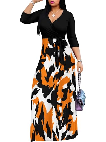 Image of PinkPatty Plus Size Dresses for Curvy Women V Neck Flowy Long Sleeves Wrap Maxi Dress Travel Vacation Outfits