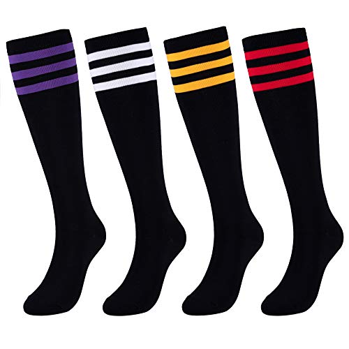 Kony Women's 4 Pairs Striped Knee High Socks Soft Stretch Cotton All Season Gift Size 6-10 (Triple Stripe Black) #TOP1