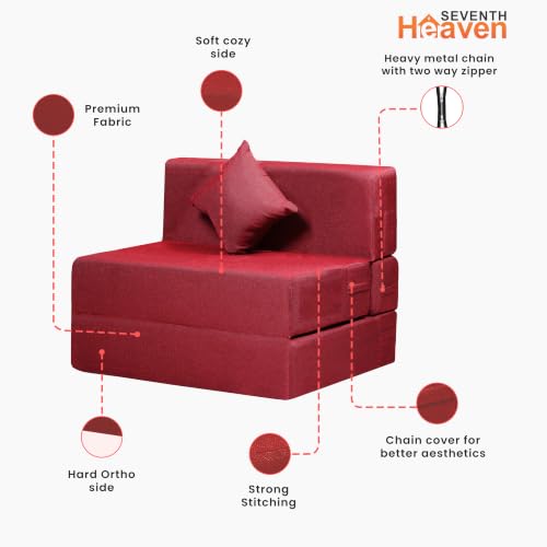 Image of Seventh Heaven 1 Seater 6 * 3 Jute Fabric Washable Cover Sofa Cum Bed with 1 Cushion 1 Seater Single Foam Fold Out Sofa Cum Bed (Finish Color - Maroon Delivery Condition - Pre-Assembled)