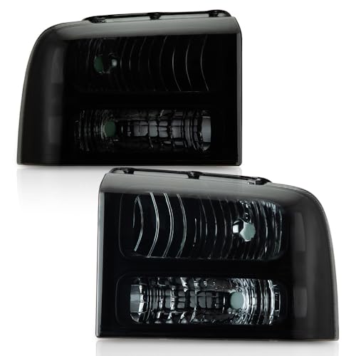 Image of GRAND ORANGE Headlights Assembly Compatible with 2005-2007 Ford F250 F350 F450 F550 Super Duty /Fit 2005 Ford Excursion Headlamp Driver & Passenger Side Smoke lens Black Houing Clear Reflector