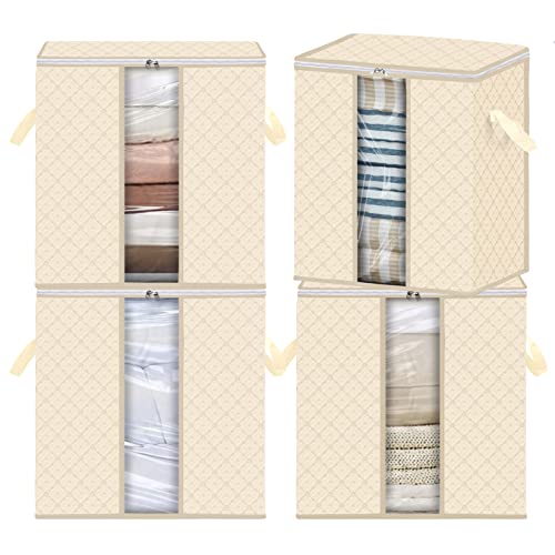 Famhap Rangement Pliables , Boîtes de Rangement en Tissu avec Couvercle , 50*50*35cm 4 pièces Boîte de Rangement Pliable pour Armoire, pour Vêtements, Livres, Jouets(Beige) Cover