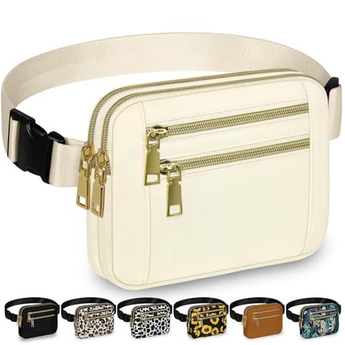 Capolo Fanny Packs for Women Fashion Waist Packs Bag with Adjustable Strap and 4 Zipper Pockets Waterproof Everywhere Crossbody Belt Bag for Workout Running Travelling(Ivory, Large)