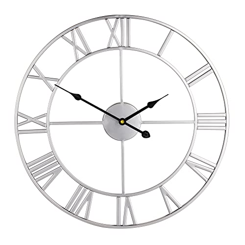 Large Modern Metal Wall Clocks Vintage Round Silent Non Ticking Battery Operated Silver Roman Numerals Clock For Living Room/Bedroom/Kitchen Wall Decor-47Cm #TOP2