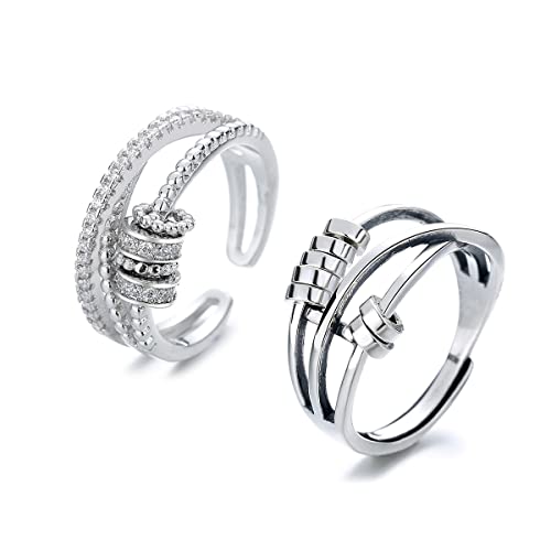 2pcs Fidget Band With Beads Spinner Rings for Women,Anti Anxiety Ring Stainless Steel Ring Sand Blast Finish.Unisex Adjustable Stacking Worry Ring