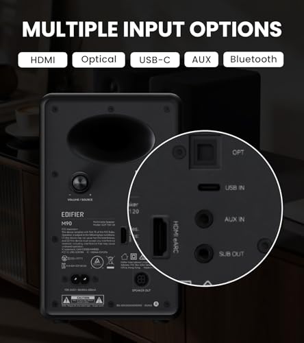 Image of Edifier M90 Computer Speakers, 100W RMS Desktop Speakers, Hi-Res Audio, LDAC,Bluetooth 6.0 Compact Speaker, HDMI eARC /Optical /USB-C /AUX Input, SUB Out Powered Speakers, Remote Control for TV /PC-Black