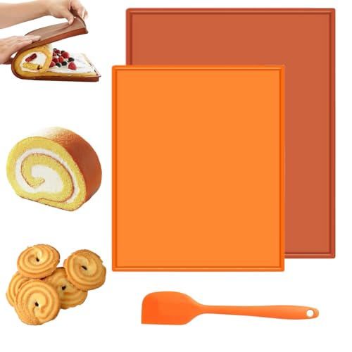 2er Set Silikon Backmatte mit Rand,30 x 40 cm/26 x 31 cm Antihaftbeschichtet Silikoni Backblech,BPA Frei,Rutschfest,Silikon Backblech Rollmatte mit Silikonspatel,für Swiss Roll, Kochen,Backen,Keksen