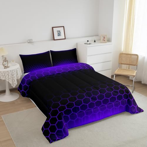 Image of Purple Black Ombre Honeycomb Comforter Set Queen Size, Abstract Hexagonal Bedding Set for Kids Geometrics Honeycomb Comforter Beehive Hexagon Duvet Set Durable Bed Set 3Pcs