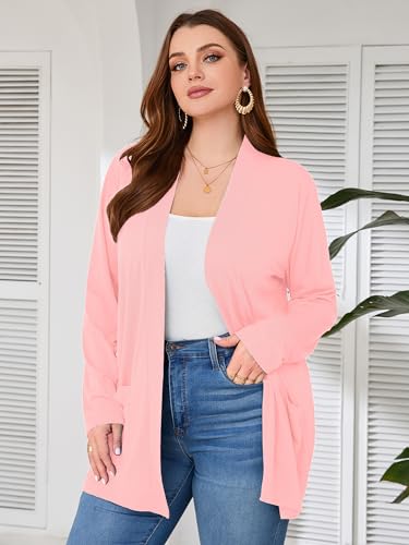Image of AusLook Plus Size Lightweight Cardigans for Women Open Front Pockets Jacket | 1X-5X,Soft Stretch,Long Sleeve,Longline Coverage,Dress Jeans Layer,Work Travel Style,Spring Fall Wear