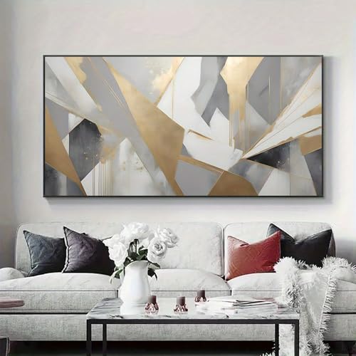 Tableau abstrait moderne UUDEZO géométrique doré et gris sur toile 80x125cm cadre noir