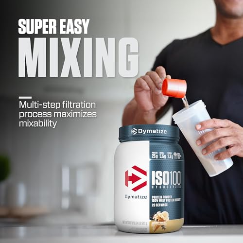 dymatize iso100 whey protein powder isolate gourmet vanilla 25g of protein 55g bcaas less than 120 cal gluten free 1g fat 1g sugar 2g carb 20 servings