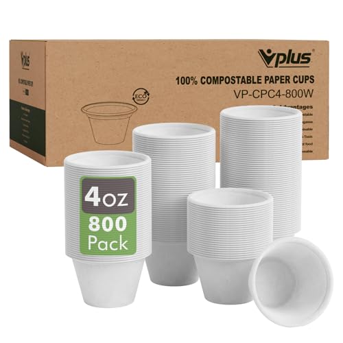 Vplus 800 Pack 4 OZ Disposable Souffle Cups, 100% Compostable Portion Cups, Made From Bagasse Fibe and Bamboo, Perfect For Dips, Food Sample, Jams, Honey, Sauces, Nuts by Vplus - Used condition - US$36.13