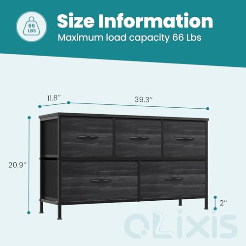 Image of OLIXIS 5 Drawer Dresser for Bedroom, Storage Organizer Unit for Closet | Chest of Drawers for Clothes Storage with Bins, Wide Fabric Bedroom Dresser, Wooden Top, Living Room, Black Wood
