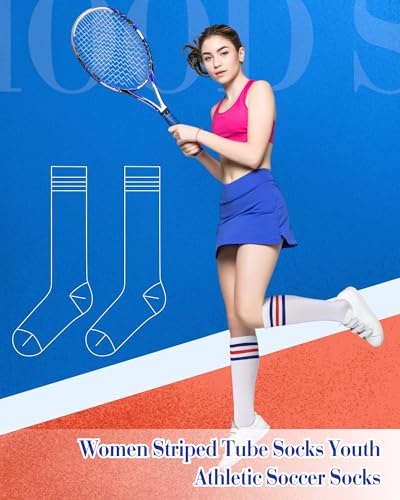 Syhood 2 Pairs Classic Athletic Knee High Socks Triple Stripes Over the Calf Cotton Retro Tube Sock4