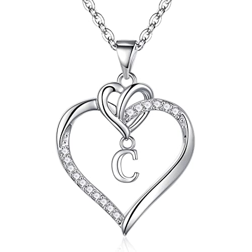 STORUP Heart Initial Necklaces for Women 14K-White Gold-Plated Heart Initial C Necklace Dainty Heart Necklaces for Women Cute Heart Necklaces for Women Jewelry Gifts for Women