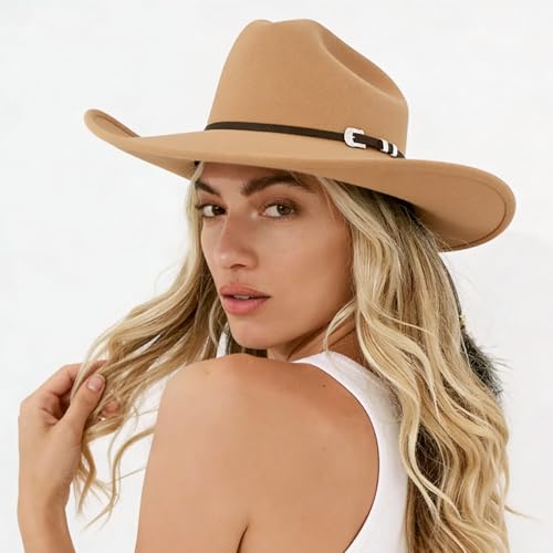 Image of DRESHOW Cowboy Hat for Women and Men Classic Felt Western Hat for Cowboys Cowgirls Wide Brim Belt Buckle Retro Fedora Hats