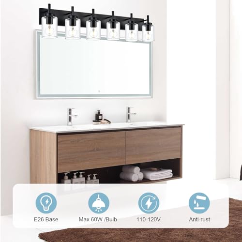 Image of BONLICHT 6 Light Bathroom Lighting Over Mirror with Clear Glass Shade, Modern Black Vanity Light Fixture Industrial Kitchen Wall Lights Farmhouse Wall Sconce Lamp for Hallway Dining Room Living Room