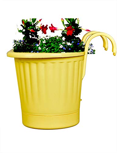 mastBus Plastic Hanging Pots for Balcony and Stairs Railing, Indoor/Outdoor Gardening Containers (Yellow, 15 inch)