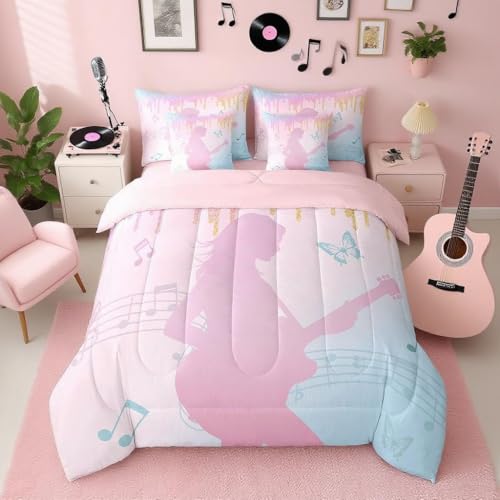 Girls Singer Comforter Set 7 Pieces Pink Music Guitar Bedding Set Twin Size Glitter Fashion Women Bed in a Bag Room Decor Lightweight Bed Set with Comforter Sheets Pillowcases & Cushion Cover