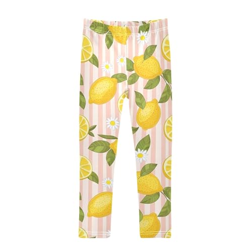 Cute Lemon Daisies Stripe Girls Leggings Soft Stretch Workout Yoga Dance Pants for Kids Casual Tights