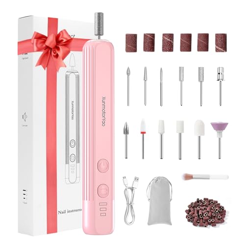 XunmotorYao Torno para Uñas sin Cable Profesional 20000 RPM Lima Electrica Uñas 12 en 1 Profesional Kit de Manicura y Pedicura Eléctrico,Rosa