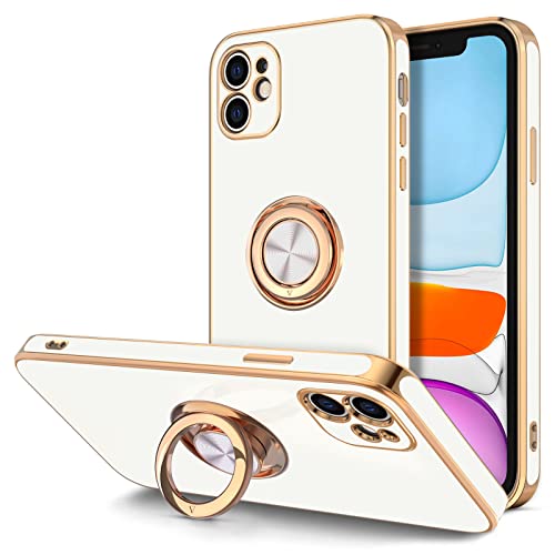 Hython for iPhone 11 Case with Ring Stand [360Rotatable Ring Holder Magnetic Kickstand] [Shiny Plated Rose Gold Edge] Slim Soft TPU Cover Luxury Protective Phone Case for Women Men White
