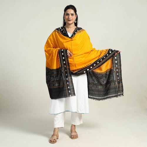 Image of Cotton Dupatta with weaving and Ikat woven border from the Weavers Stole for Girls & Women