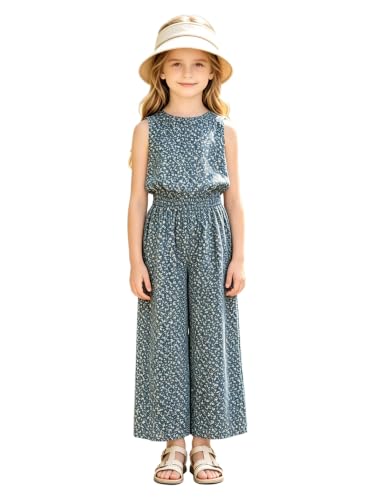 Mono bohemio de niñas con cuello redondo y diseño floral sin mangas estilo overol fluido