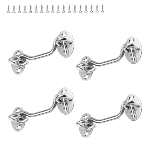 LNSYSNS Pack of 4 Storm Hooks with Eyelet, 75 mm Door Lock Hook, Silver Vintage Stainless Steel Storm Hook, with 16 Screws for Locking Windows, Garage Doors and Shed Doors, High Quality