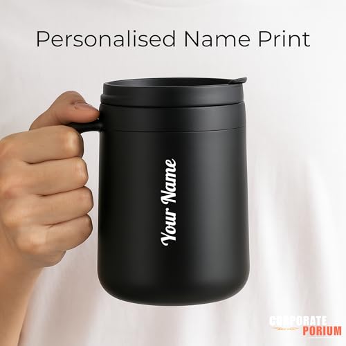 Image of CORPORATE PORIUM Customised Vacuum Insulated Travel Coffee Mug with Lid Keeps Cold for 14 Hours and hot for 8 Hours Hustle-Free Lock System Stainless Steel 350ml-Dark Black | Leak Proof| Thermos Mug
