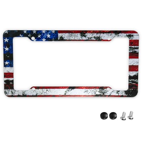 Image of StandardAutoPart American Flag License Plate Frames - Plastic USA Flag Car Tag Holder with Screws Caps and Patriotic Decals - Universal Fit (American Flag - 1 Pack)