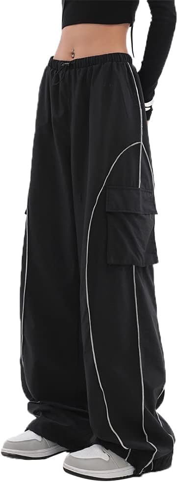 Y2K Parachute Track Pants for Women Low Rise Baggy Wide Leg Cargo Pants for Women
