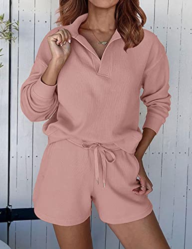 Merokeety Women's 2 Piece Waffle Knit Lounge Sets Long Sleeve Shorts Jogger Outfits Pjs Pink #TOP1