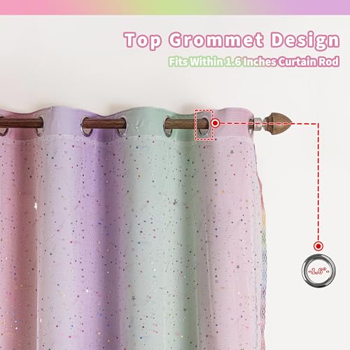 Image of Mix & Match Double Layer Laser-Cut Stars Gradient Blackout Curtains with Foil Print Sheer, 2 Panels Set for Bedroom, Nursery, Living Room - Lavender Green Pink, 34W x 95L