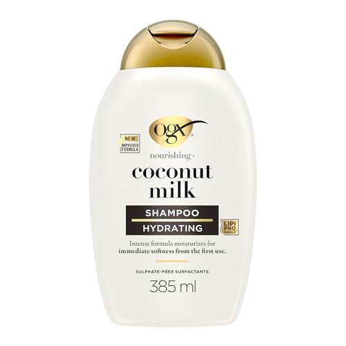 OGX – Shampooing Nourrissant Lait de Coco (flacon de 385 ml) – Soin capillaire hydratant pour cheveux secs – Shampoing sans sulfate pour une douceur immédiate