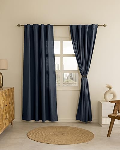 Image of THE LINEN COMPANY Cotton Duck Canvas Curtains 8 Feet Long for Door, Long Curtains for Home, 8ft Set of 2, Navy Blue