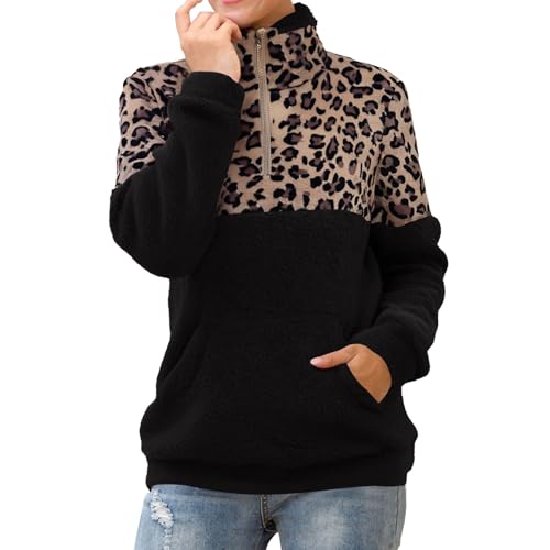 Jersey para mujer con estampado de leopardo, chaqueta de forro polar con cremallera 1/4, sudadera de forro polar, cuello cálido, informal, forro polar, sudadera informal de forro polar suave, Negro