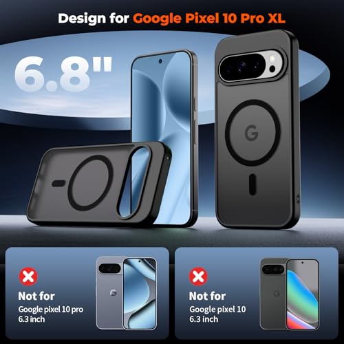 Image of SUPFINE Magnetic for Google Pixel 10 Pro XL Case with Screen Protector, (Built-in Magnets) ((Military Grade Drop Protection) Slim Translucent Shockproof Phone Case,Black
