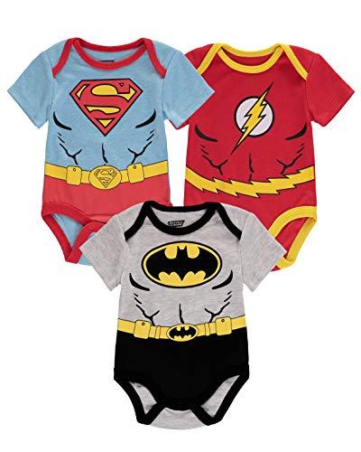 DC Comics Baby Boys' Bodysuits Superman Batman The Flash 3 Pack Gift Set (Blue/L.Grey/Red, 6-9 Months)