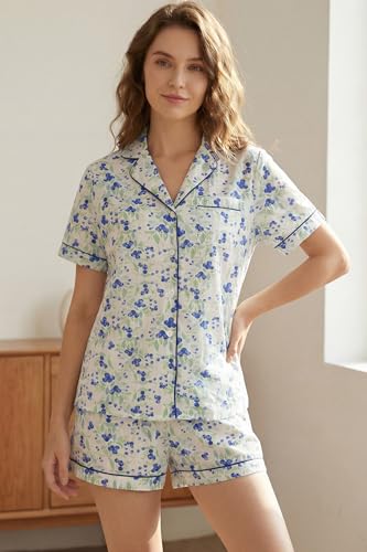 Image of LUBOT 100% Cotton Pajamas for Women 2 Piece PJ Set Poplin Woven Lightweight Ladies Button Short Sleeve Sleepwear S-XXL