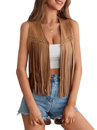 GORGLITTER Women's Tassel Fringe Sleeveless Vest Suede 70s Hippie Cowgirl Country Concert Western Jacket Outfits4
