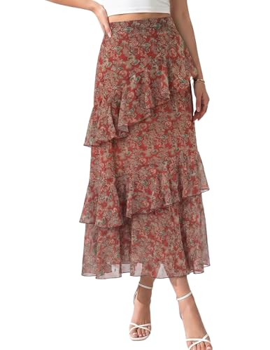 DERAX Women's Floral Boho Midi Skirt A Line Tiered...