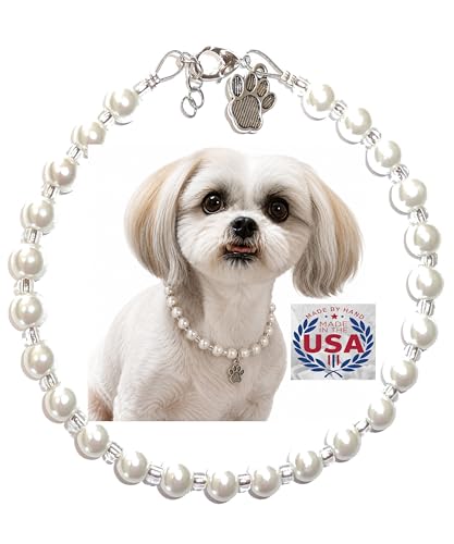 Pet Collar Adjustable Beaded Bling Jewelry Necklace Pet lover Paw Print Charm Small Medium Dogs Cats Kittens Puppies Small Animal Accessories (9-11 1/2 Inches Pearl)