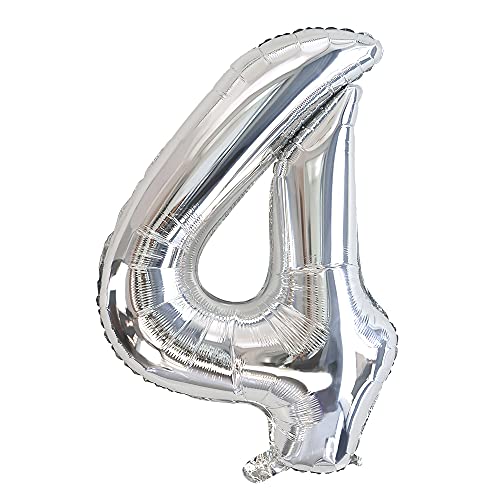 Ponmoo 100cm Geant Ballon Chiffre 4 Argent 42-Pouces, 4 Ans Ballon Age Gonflable Anniversaire, Helium Ballons Numéro Anniversaire Chiffres Numero Age Ballon 4 Argent Cover