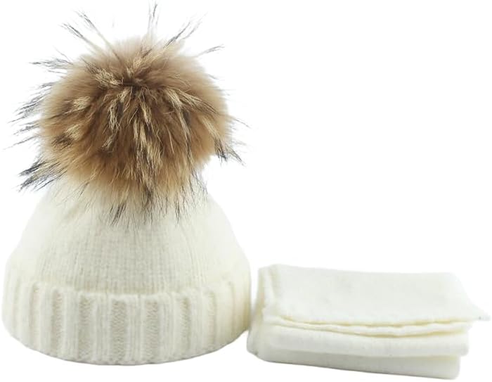 Kids' Cashmere Blend Hat & Scarf Set, Natural Fur Pom Pom Winter Beanie, Soft Thermal Knit Set for Boys & Girls