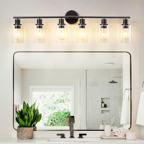 Image of DLLT 6-Light Bathroom Light Fixtures: Black Modern Vanity Lights with E26 Bulbs - Clear Glass Shade Bathroom Wall Lamp for Mirror Kitchen Living Room Hallway Cabinet Porch