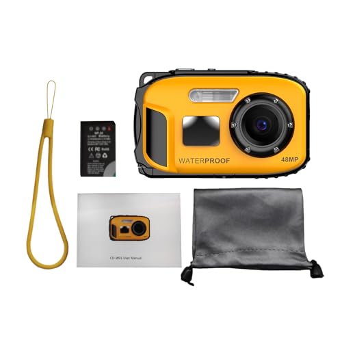 AKLOSIPY Cámara Digital 1080P Resistente Al Agua Cámara de Vídeo de 48 MP, con Zoom 16X de Enfoque Automático para Niños, Amarillo Azul, Pantalla IPS de 2,4, Resistente Al Agua (Yellow)
