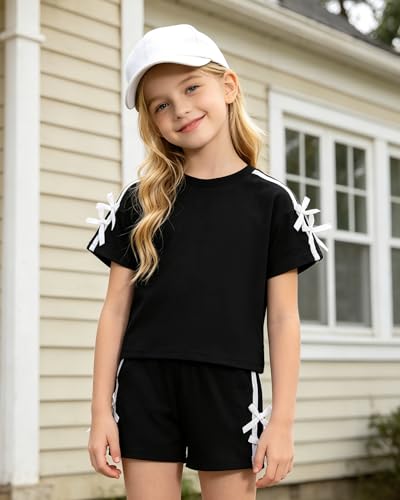 SOLOYEE Toddler Girl Summer Clothes 4T 5T Girls Summer Outfits White Bows Short Sleeved Top + Shorts Cute 2 Piece Clothing Set for Toddler Girls (Black, 4-5T) — view 2