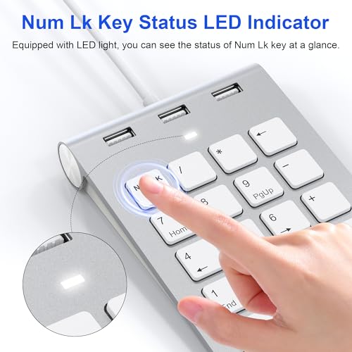 Nummernblock Ziffernblock USB - Kabelgebundenes Keypad & USB-Hub mit 3 Anschlüssen, NumLock-Funktion, Ultradünne Tastaturerweiterung, 18 Tasten, 0.5 M Kabel Numpad mit 3 USB2.0-Ports für Laptop, PC