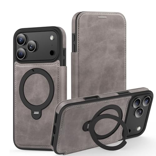 Étui portefeuille iPhone 17 en cuir gris avec béquille et fentes pour cartes