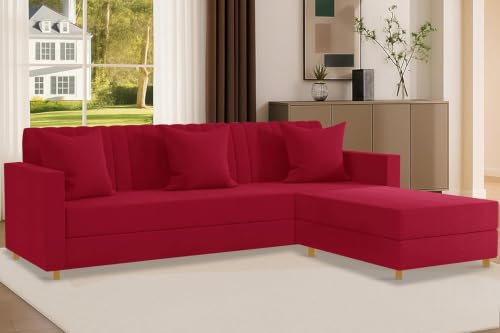 Image of Rosebell 3 + 1 Four Seater - Wooden L Shape Convertible Sofa Set for Living Room Furniture Set Upholstery-Velvet Fabric, Modular Sectional Couch for Home & Office - Red